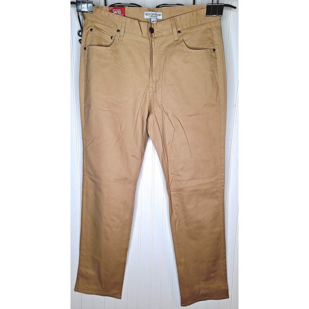 NICK GRAHAM Mens Khaki Beige Tan Stretch Modern Fit Pants 34‎ W 32 NWT